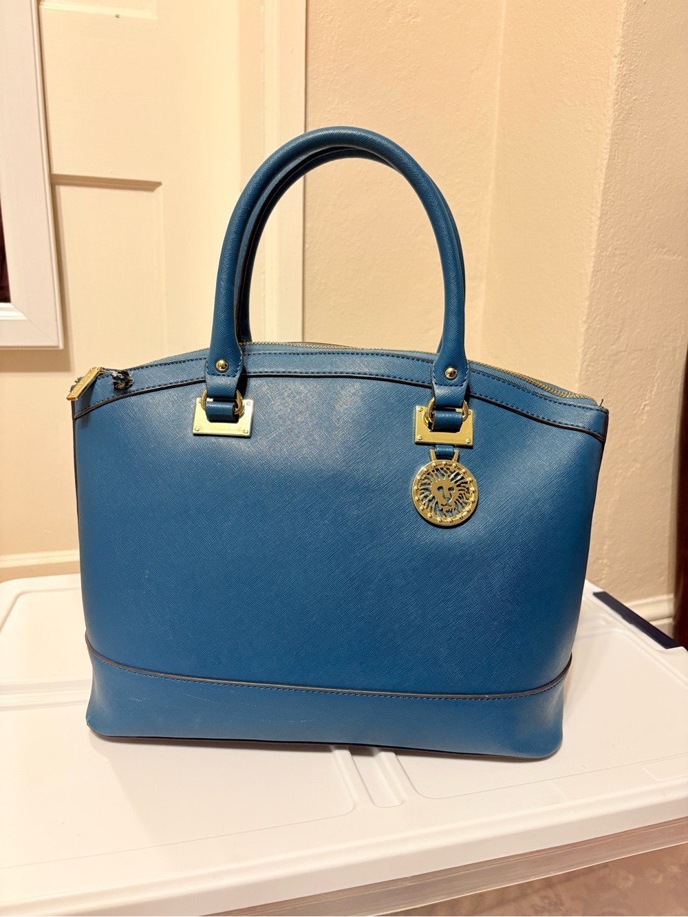 Anne Klein Blue New Recruits Structured Dome Tote Satchel with Gold Medallion